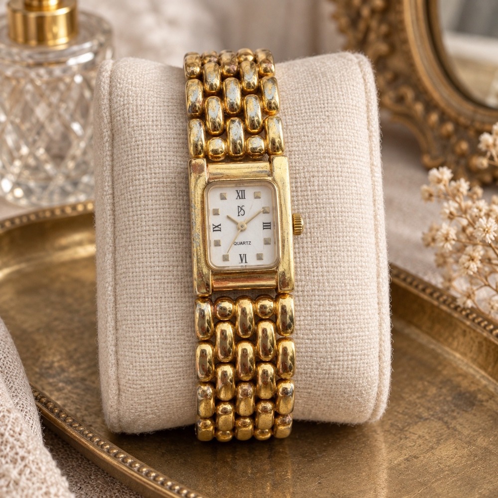 Paul Sebastian Quartz Watch Gold Tone Rectangle Dial Pebble Link Bracelet